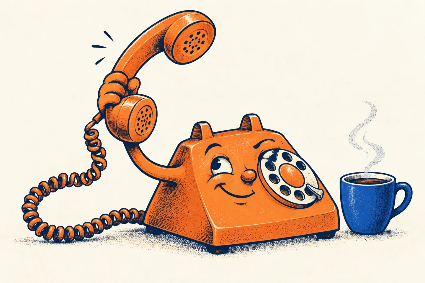 Un teléfono naranja de cómic saluda levantando su auricular junto a una taza azul de café humeante.